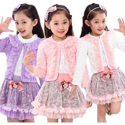 Lovely Princess Kids Girls Clothing Sets 3pcs Lace Outwear Jacket+Long Sleeve T Shirt+Flower Skirts Spring Toddler Girl Suits