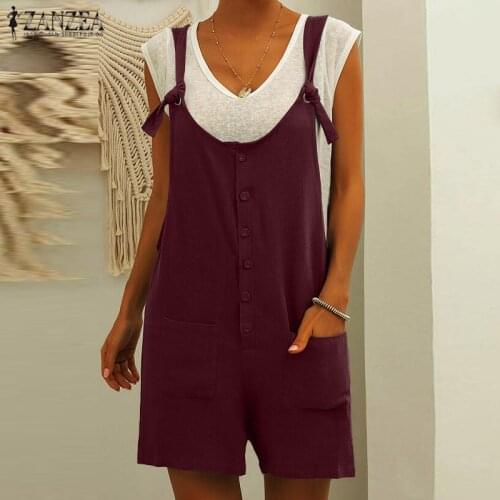 Fashion Straps Overalls ZANZEA Summer Women Rompers Casual Loose Playsuits Female Pockets Suspenders Solid Short Jumpsuits