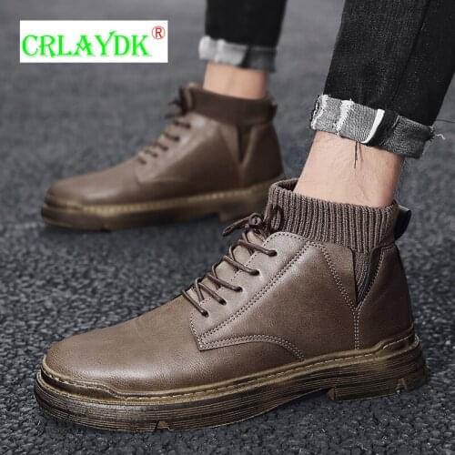 CRLAYDK Mens Fashion Casual Mid-Top Leather Boots Winter Microfiber Rubber Waterproof Damping Socked Shoes Non-Slip Male Botas
