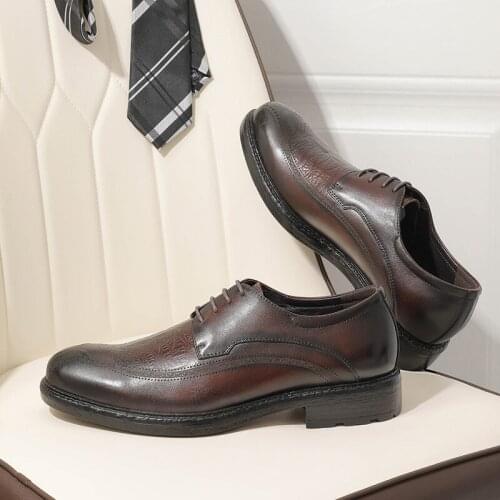 2021 Summer Men Genuine Wingtip Leather Oxford Pointed Toe Laces Up Oxfords Dress Brogues Wedding Business Platform Shoes