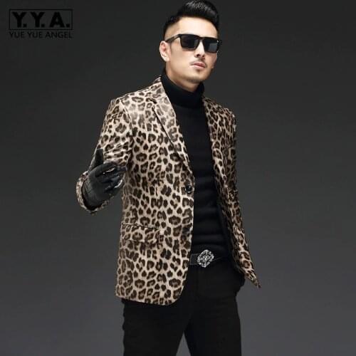 Top Brand Fashion Leopard Mens Genuine Leather Blazers Punk Style Plus Size Male Long Sleeve Single Breasted Slim Fit Blazers