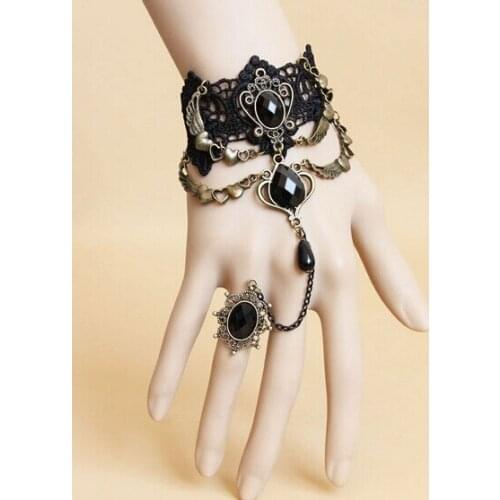 NEW Arrival Vintage Gothic Black Retro Beauty Woman Lace Bracelet Ring Set Lady Cabochon Decorations Fashion Party Ornament