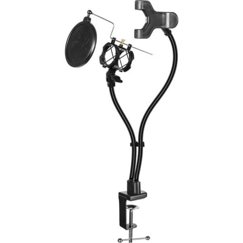 Microphone and Smartphone Stand Desk Holder with Clamp Windscreen for Live Stream/Online Course/Karaoke