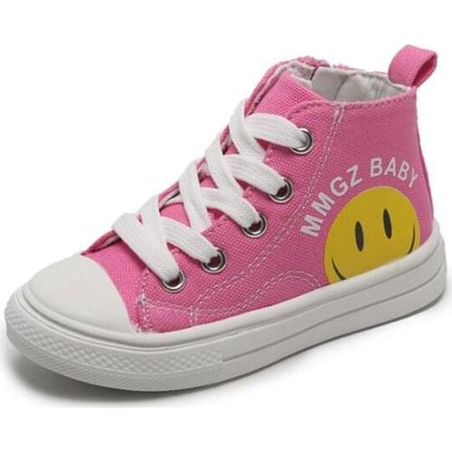 Autumn New High-top Smiley Canvas Shoes Fashion Soft-soled Sneakers for Boys and Girls Side Zipper Black Sports Shoe MG