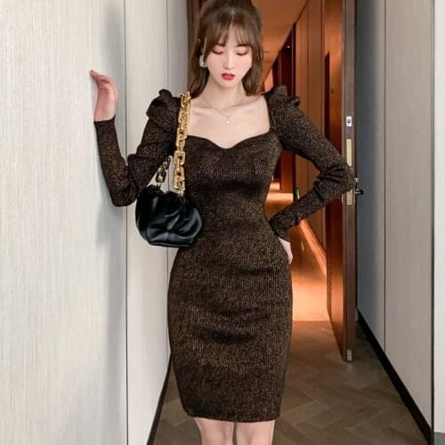New arrival fashion women autumn winter midi dress temperament puff sleeve elegant temperament bright silk knitted bodycon dress