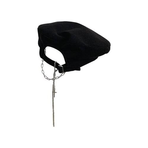 Ruibbit New Arrival Japanese Gothic Girl Punk Rock Berets Hat Harajuku Woman Casual Caps Cross Chain Fashion Black Hats