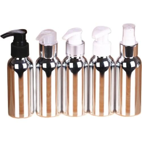 100ML20pcs/lot Super Grade Portable Cosmetic Aluminum Refillable Bottle, Empty Shiny Silver Aluminum Lotion Pump/Emulsion Bottle