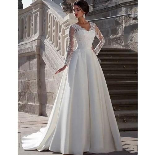 Wedding Dress A-Line V-Neck Full Sleeve Zipper Lace Appliques Sequined Satin Floor Length Sweep Train Elegant Bride Gowns 2021