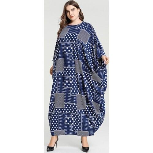 Loose Oversized Muslim Dresses Large Size Women Long Sleeve Dot Plaid Print Caftan Dubai Turkey Dress Plus Size Maxi Long Dress