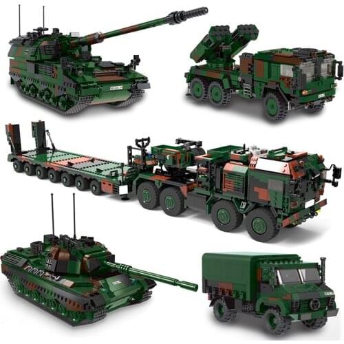 The Military high-tech Weapon Army German Leopard 1 PZH2000 Cannon Lars-2 Rocket Armored Car Building Blocks WW2 Bricks Toys