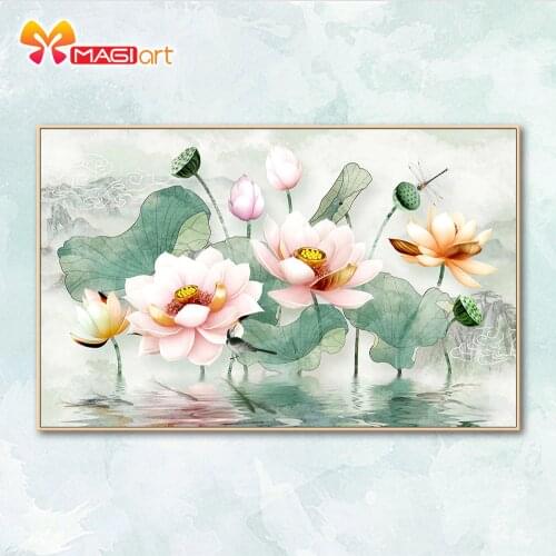 Cross stitch kits Embroidery needlework sets 11CT water soluble canvas patterns 14CT Floral style Blooming lotus-NCMF245