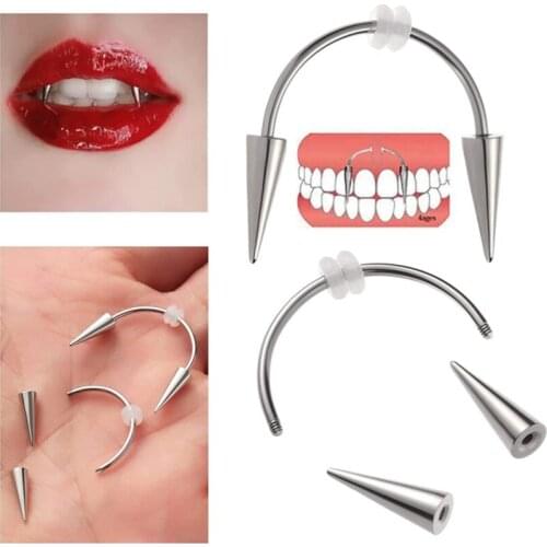 2PC Stainless Steel Smile Lip Tiger Teeth Nail Vampire Body Piercing Jewelry Halloween Cosplay Tooth Dress Up Prop Decoration