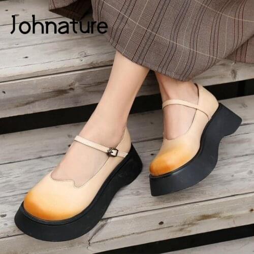 Johnature Pumps Women Shoes Genuine Leather 2021 New Buckle Strap Spring/Autumn Japanese Style Platform Shallow Ladies Shoes