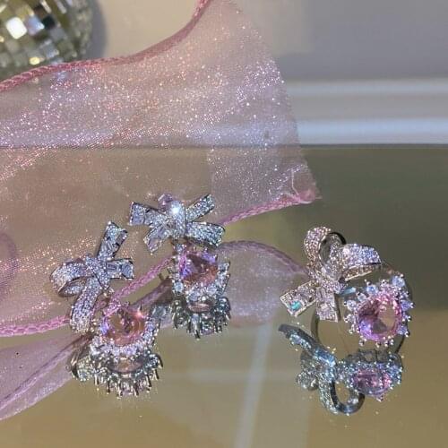 MENGJIQIAO Korean Delicate Zircon Micro Paved Bowknot Drop Earrings For Women Fashion Pink Crystal Pendientes Jewelry Gifts