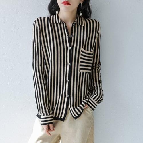 100% Merino Wool Women Cardigan Sweater 2021 Autumn Winter Warm Soft Knitted Womens Striped Jacket Fashion Cashmere Coat