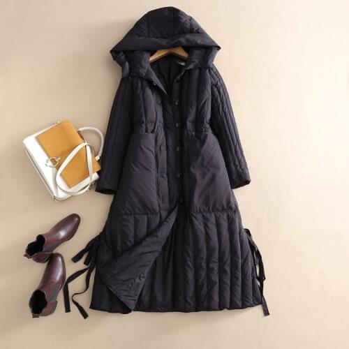 Womens Winter Autumn Brand Down Coats European Wide-waist Pure Color Hooded Ladies' Single Breasted Long Sleeve Down Jacket