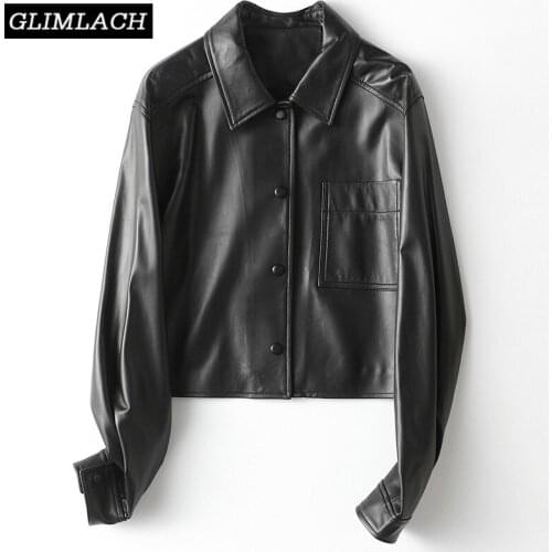 2021 New Black Short Genuine Leather Jacket Women Soft Lambskin 100% Real Leather Coat Ladies Casual Single Breasted Overcoat