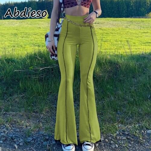 Abdieso 2021 Vintage Y2K Flare Pants Women Summer Green Long Skinny High Waist Pants Brown Autumn Casual Trousers 90s Streetwear