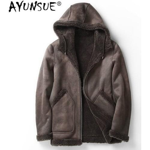 AYUNSUE Short Real Fur Coat Men Hooded Autumn Winter Leather Jacket Man Sheep Shearing Wool Coats Two Side Wear MC18C170 KJ1200