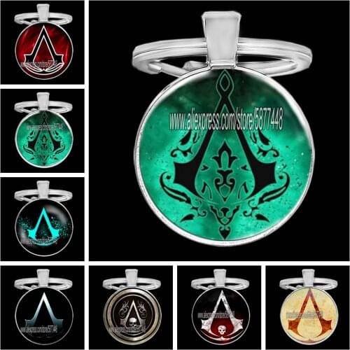 Steampunk Action Game Sign Keychain Gothic Assassin Personality Icon Glass Dome Key Ring Fashion Mens Game Jewelry