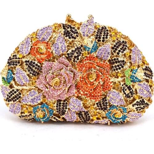Designer Floral Top Quality Luxury Handbags Women Bags Crystal Evening Clutches Wedding Purses Ladies Dinner Party (88303-A)