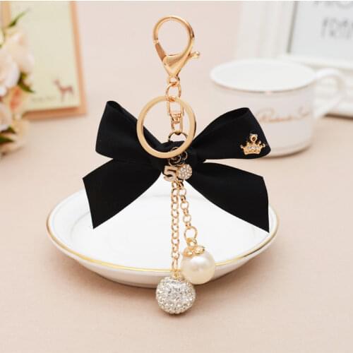 Elegant Ribbon Bow-Knot Crystal Ball Crown Keychain for Women Girl Cute Pompom Fur Key Chain Bag Charms Keyring Party Gift