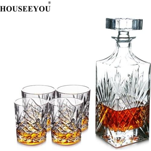 HOUSEEYOU Luxury Lead Free Crystal Wine Glasses Set 1 Decanter + 4 Engraving Cups Beautiful Collection Transparent Bar Tool Sets