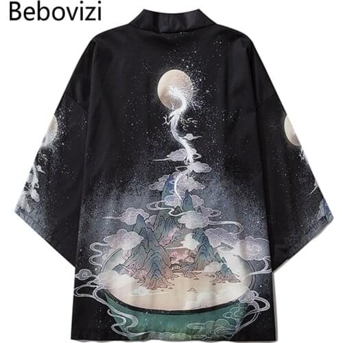 Bebovizi 2020 Japanese Style Black Kimono Streetwear Men Women Cardigan Chinese Dragon Robe Female Summer Asian Clothing