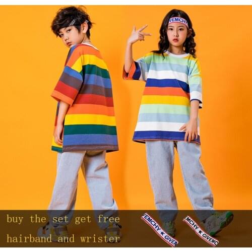 Pally elves Children Clothing Set Unisex Colorful Striped T-shirt Loose Jeans Casual Wear Kids Outfit