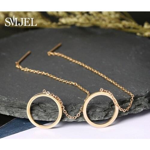 SMJEL Korean Hollow Circle Earrings Women Stainless Steel Gold Chain Threader Earrings Long Chain Ear Earings Jewelry Lover Gift