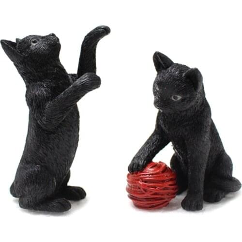 H55A 6Pcs Miniature Resin Black Cat Figurine with Glow in The Dark Luminous Eyes Garden Stake Statues Ornament Outdoor Yard