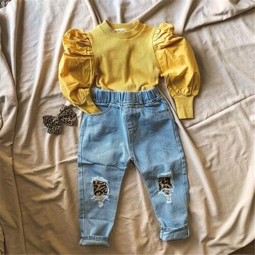1-6Y Fashion Children Girls Autumn Clothing Sets Solid Color Puff Sleeve Pullovers Tops+Patchwork Denim Pants Outfits
