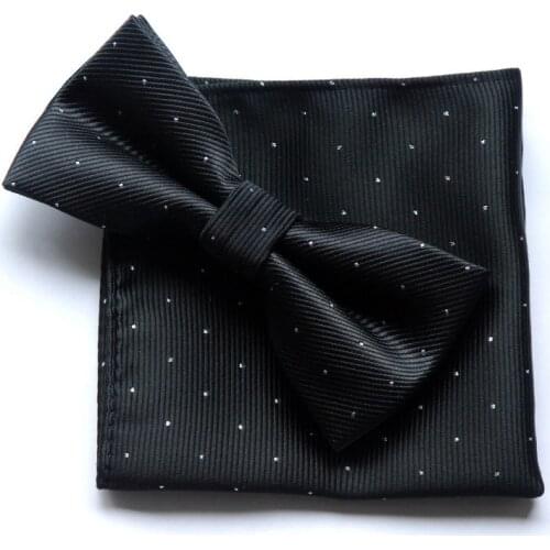 Mens Black Formal Solid Bowtie Handkerchief Pocket Square Suit Gentleman Cravat Marriage Butterfly Neck Wear