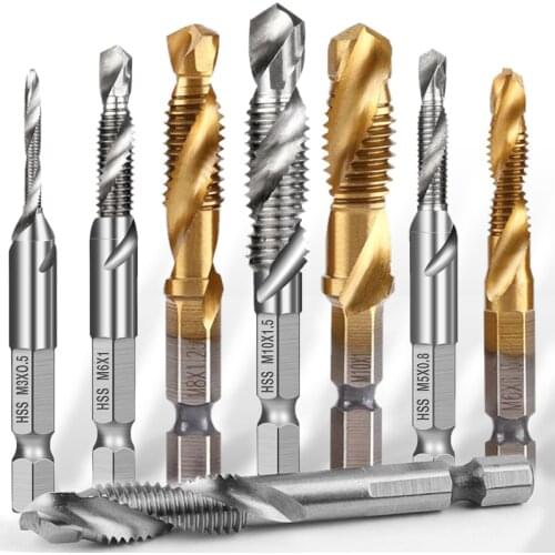Tap Die Drill Combination Bit Set, 1/4" Hex Shank Screw Thread Taps Woodworker Tool Hole Cut High Speed Steel Spiral HSS Tapping