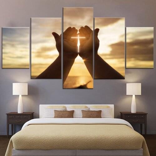 Wall Crosses Decor Jesus Hands Prayer Paintings Wall Art for Living Room Christian Pictures 5 Piece Canvas Modern Home Decor