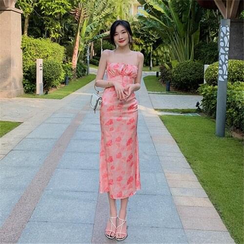 Real Shot 2021 New Fashion Sexy Floral Bandage High Waist Bag Hip Pink Temperament Dress