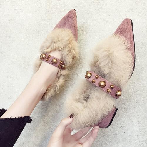 2021 New One-pedal Plush Shoes Women Winter Wear Thick Heels Pointed Single Shoes Women Plus Velvet Cotton Shoes