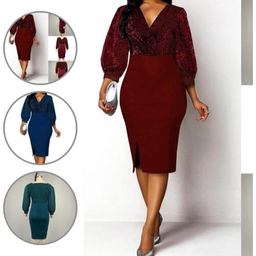 Popular Formal Dress Mid-Calf Bodycon Summer Autumn Solid Color V Neck Dress