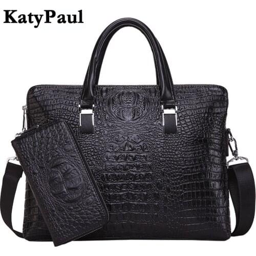 KatyPaul Brand Mens Casual Crocodile Pattern Briefcase Business Shoulder Bag Leather Messenger Bags Computer Laptop Handbag