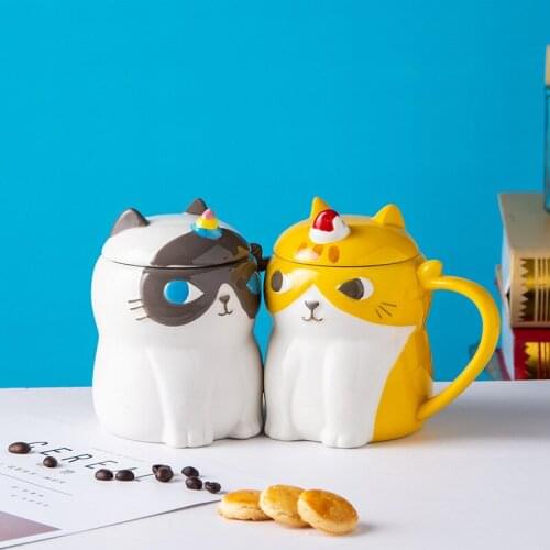 New Cute Relief Cat Thermal Mug Couple Cartoon Water Cup With Lids Spoon Boys Office Coffee Cup Breakfast Christmas Drink Gift