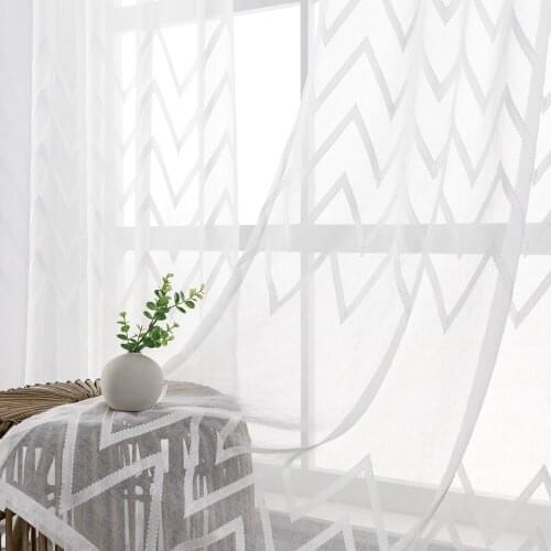 MRTREES Embroidered Geometric Lines Curtains for Living Room Bedroom Tulle Curtains Kitchen Window Treatment Voile Drapes Decor