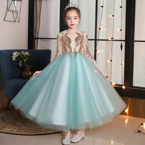 High Quality New arrivals Children Kids V-Collar Sequined Design Evening Party Princess Long Dress Girl Model Show Catwalk Dress
