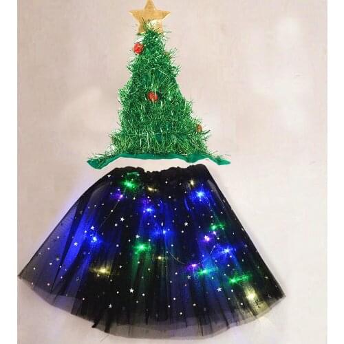 Girls Women Adult Kids LED Tutu Skirt with Light Up Christmas Tree Xmas Gift Role-playing Elf Costume Cosplay Fairy Stick Green