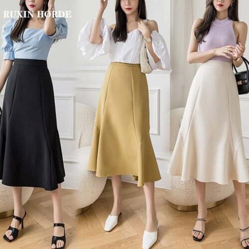 Mid-Length A-Line Skirt 2021 Spring Summer Korean Fashion Clothing High-Waist Irregular Over The Knee Wild Fishtail Fairy Dress