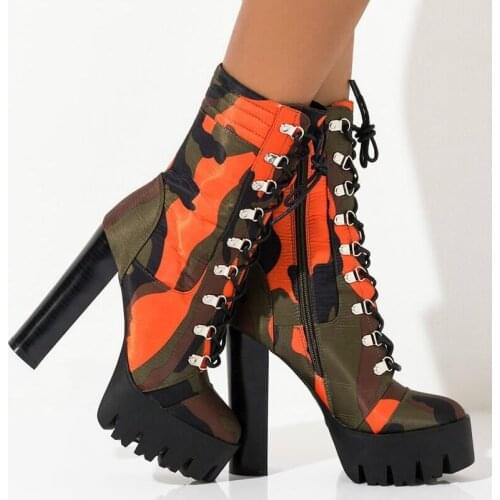 Womens Pointed Toe Camouflage Ankle Riding Boots High Block Super 15CM Heels Shoes Platform Side Zipper Plus Size 34-43