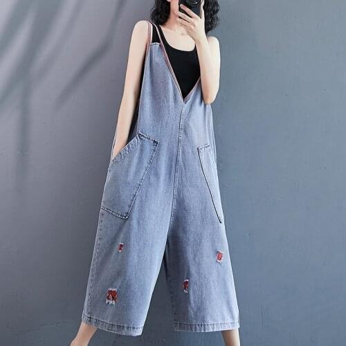 Oversized Jeans Women Jumpsuit Casual Wide Leg Plus Size Loose Summer New Rompers Pockets Hole Female Vintage Wild Halter Pants