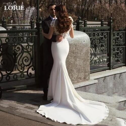 LOEIE Soft Satin Mermaid Wedding Dress 2021 Lace Cap Sleeve Vestido De Noiva Lace Bohemian Bride Dresses V Neck Wedding Gowns