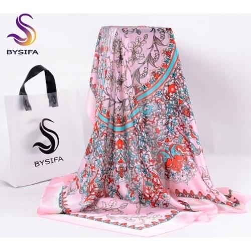 [BYSIFA] Classial Floral Women Silk Shawl Scarf New Brand Ladies Pink Large Square Scarves Wraps Hot Sale Muslim Head Scarf Cape