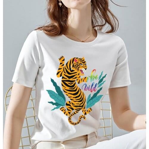 New Summer Womens Tiger and Leopard Print T-shirt, White Womens Short-sleeved Top, Ladies Casual Pattern Round Neck Top Tees