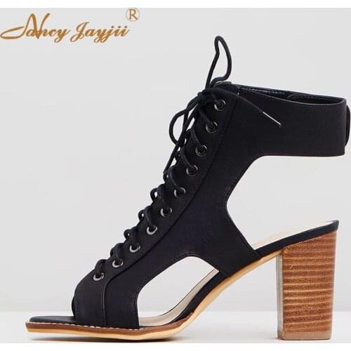 Summer Flock Ankle Boots Peep Toe Cross-tied Lace-Up Women Shoes Lady Fashion Super High Square Heels Rome Nancyjayjii 2019